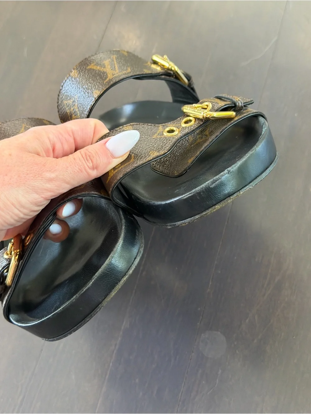 Louis vuitton Canvas Leather Logo Brown Slides Size: 8.5 | IT 38.
